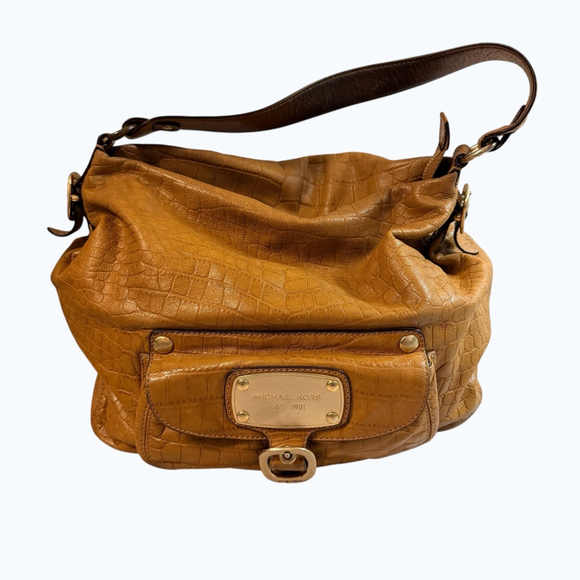 Michael Kors Brown Croc Embossed Leather Hobo Shoulder Bag Gold Hardware